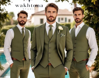 メンズ オリーブグリーン スリーピース ウェディングスーツ