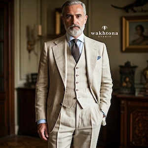 1920s Style Beige Linen 3 Piece Suit: Vintage Old Money