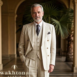 1920s Style Old money Vintage Beige Linen 3 Piece Suit , Summer Linen Suit , Business Suit For men.