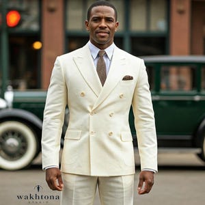 1920s Style Old money Vintage Cream Linen 2 Piece Suit , Linen Double Breasted Two Piece Suit.