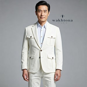 Men&#39;s Vintage White Cotton Safari Suit: 2-Piece Summer Set