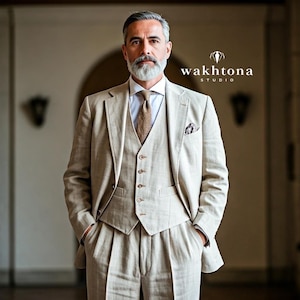 1920s Style Beige Linen 3-Piece Suit: Vintage Wedding Attire