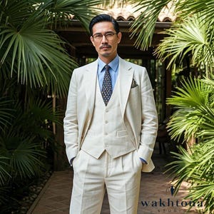 Men&#39;s 1920s Style Old money Vintage Off White Linen  2 Piece Suit , Summer Linen 2 Piece Suit, Men&#39;s Linen Suit.