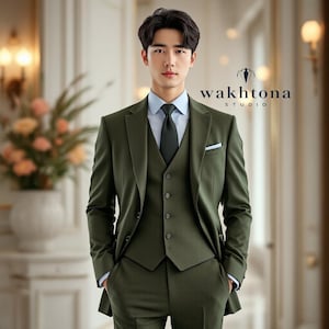 Premium Olive Green Three Piece Suit, Stylish Formal Attire For Any Occasion - Tailored Suit - Summer Wedding Suit.