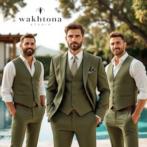Groom&#39;s Men Olive Green 3 Piece Suit, Green Suit For Wedding, Casual Wear Suit For Men, Summer Wedding Suit.