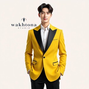 Men's Mustard Yellow Tuxedo Suit -2 Piece Elegance With Black Satin Laepls - Striking Evening Attire - Wedding Suits Men.