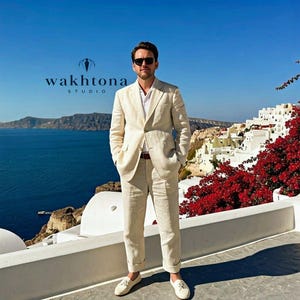 Men&#39;s Old money Vintage Cream Linen 2 Piece Suit , Linen Party Wear Suit, Beach Party Linen Suit, Summer Linen Suit .