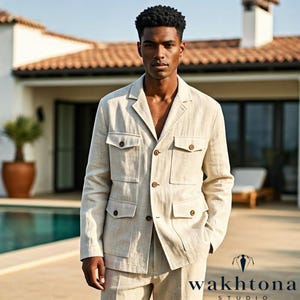Men&#39;s Old money Vintage Beige Linen Safari 2 Piece Suit , Summer Linen Safari Suit, Men&#39;s Linen Safari Jacket.