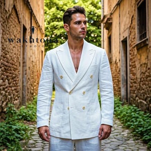 Pure White Linen 2 Piece Suit , Summer Linen Suit , Business Suit For men, Linen Double breasted Suit.