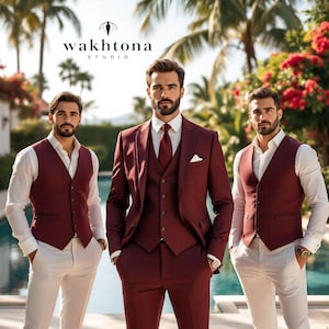 Groom&#39;s Men Burgundy 3 Piece Suit, Burgundy Suit For Wedding, Casual Wear Suit For Men, Summer Wedding Suit.