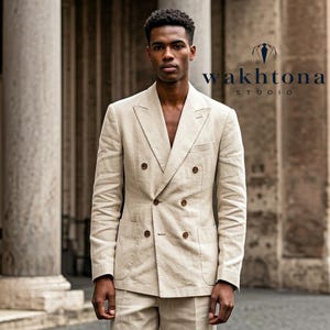 Beige Linen 2 Piece Suit , Summer Linen Suit , Business Suit For men, Linen Double breasted Suit.