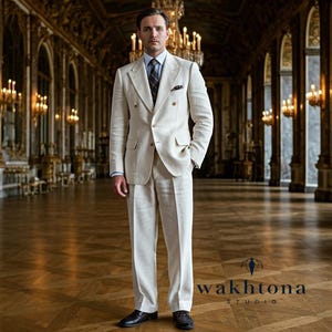 1920s Style Linen 2-Piece Suit: Vintage Beige Business Suit