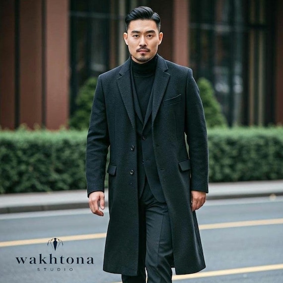 Vintage Korean Black Wool Overcoat: Knee Length Korean Men