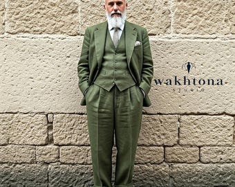 メンズ 1920年代 ダブルブレスト オリーブグリーンカラー 2ピース