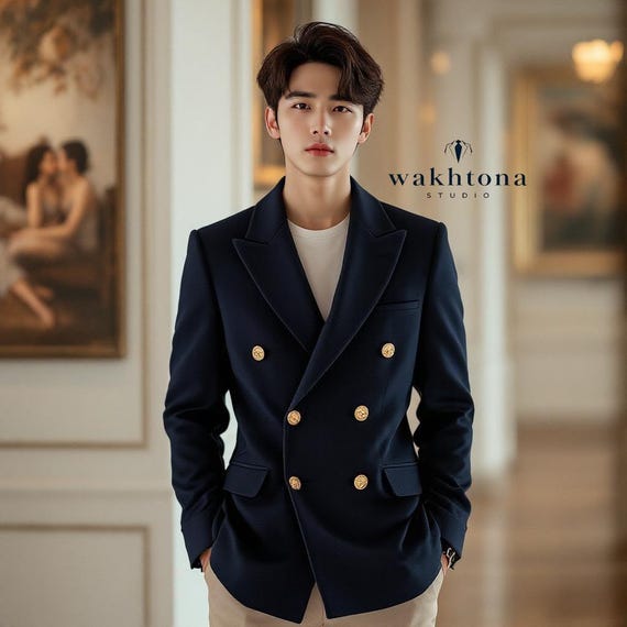 ヴィンテージネイビーブルーのダブルブレストブレザー：ラルフ