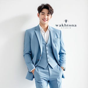 Men&#39;s Sky Blue 3 Piece Suit, Sky Blue Suit For Wedding, Casual Wear Suit For Men, Summer Wedding Suit, Korean Business Suit men.
