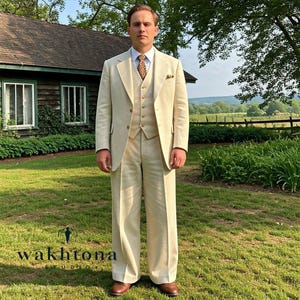 Men&#39;s Cream Linen Three Piece Suit With 6 Golden Button, Summer Linen Suit, Cream Linen Suit, Vintage Linen Suit, Linen Suit For Wedding.