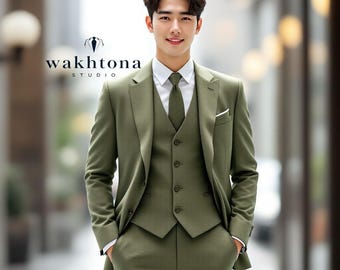 メンズスーツ　3ピースグリーンウールツイード サイズＬ　カラー　グリーン 3ピーススーツ グリーン メンズスーツ 3ピースグリーンウール