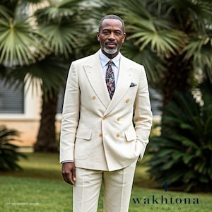 1920s Style Old money Vintage Cream Linen 2 Piece Suit , Linen Double Breasted Two Piece Suit.