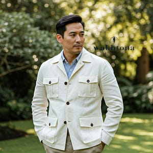 Vintage Cream Linen Safari Blazer: Men&#39;s Summer Travel Jacket