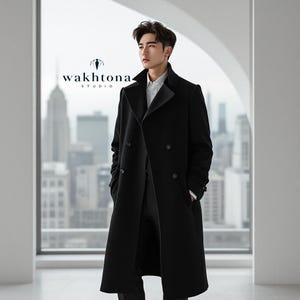 Abrigo de lana negro estilo vintage: abrigo largo de invierno para hombre coreano