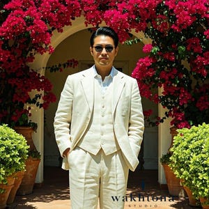 Men&#39;s Cream Linen 3-Piece Suit: 1920s Vintage Style