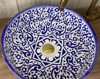 Hand-Painted Blue Floral Ceramic Vessel Sink - Artisan Bathroom Vanity Basin