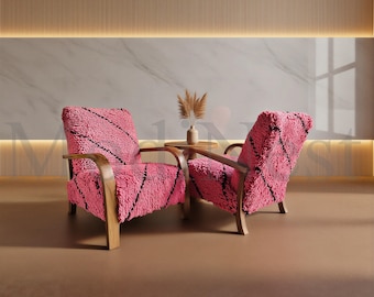 Juego de 2 sillones auxiliares rosas, sillas de madera hechas a mano con lana.