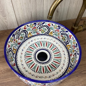 Handmade Ceramic Sink with Blue Floral Design - Artistic Bathroom Vessel Bowl