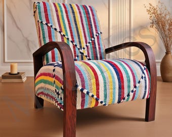Colorful Striped Accent Chair, Boho Armchair, Handmade Lounge Chair, Mid Century Modern Wooden Chairs.