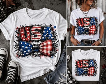 T-shirt avec nœud papillon américain patriotique : t-shirt en coton épais Comfort Colors