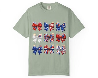 Comfort Colors 1717 T-Shirt: Patriotic Bows Graphic Tee, 100% Cotton, Relaxed Fit