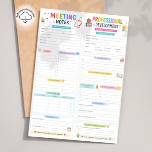 May include: A printable planner sheet featuring two sections: Meeting Notes and Professional Development. The layout includes colorful headers, icons, and lined spaces for tracking meeting details, agendas, action items, learning goals, and reflection prompts.