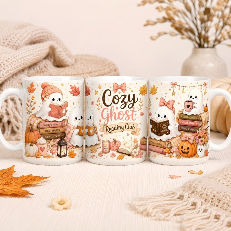 Puede incluir: Tres tazas de cer&aacute;mica blanca con ilustraciones de fantasmas leyendo libros, calabazas y hojas de oto&ntilde;o. La taza central muestra el texto 'Cozy Ghost Reading Club' en letras marrones y rosas, rodeado de peque&ntilde;as estrellas, un lazo y una vela.