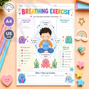 Può includere: Un foglio di esercizi di respirazione stampabile con un'illustrazione centrale di una persona seduta a gambe incrociate che tiene un palloncino blu. La pagina include sezioni per monitorare sentimenti, segnali corporei e strategie di calma.