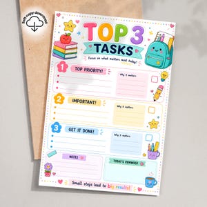 Puede incluir: Una hoja de planificación colorida con el texto TOP 3 TASKS, Focus on what matters most today!, TOP PRIORITY!, IMPORTANT!, GET IT DONE!, NOTES, TODAY'S REMINDER y Small steps lead to big results! con ilustraciones de útiles escolares.