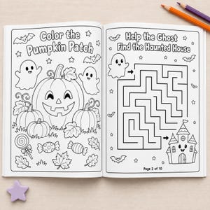 May include: An open coloring book with black and white line art. The left page features a pumpkin patch with ghosts, candy, and leaves, titled Color the Pumpkin Patch. The right page shows a maze titled Help the Ghost Find the Haunted House.