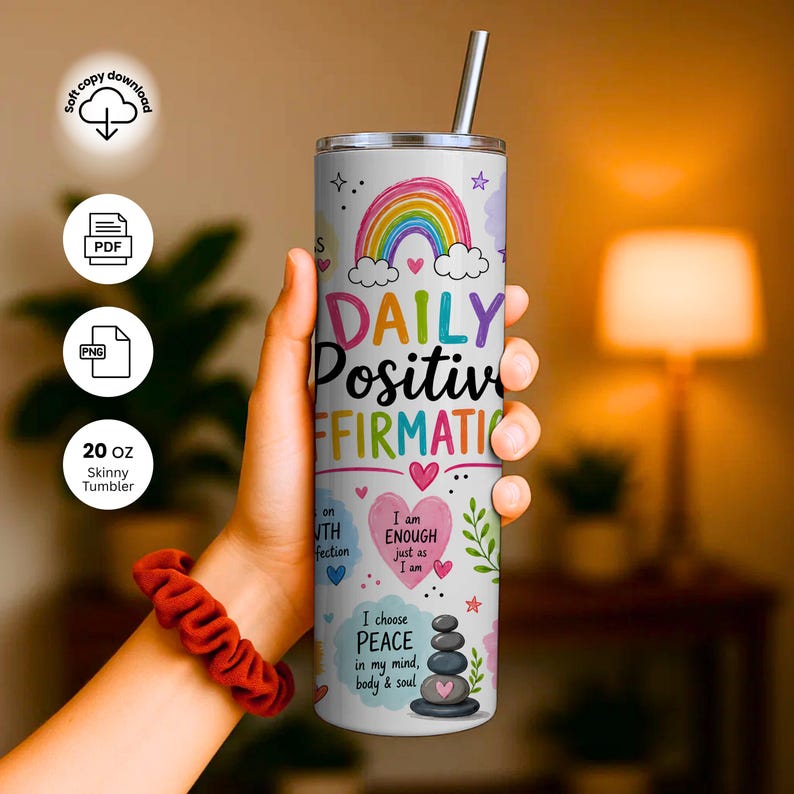 May include: A 20 oz skinny tumbler with a white background featuring a colorful rainbow, various hearts, and stacked stones. The text reads Daily Positive Affirmations, I am ENOUGH just as I am, and I choose PEACE in my mind, body & soul.