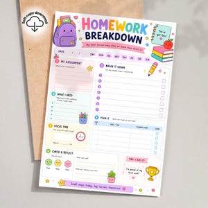 May include: A colorful Homework Breakdown planner sheet featuring a purple backpack, stacked books, and a pencil illustration. The page includes sections for assignments, task steps, planning, and reflection with cute, smiling character icons.