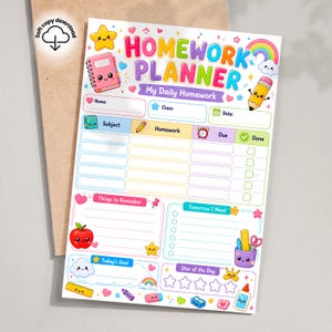 May include: A homework planner sheet featuring colourful cartoon illustrations of school supplies, a rainbow, and stars. The text reads HOMEWORK PLANNER, My Daily Homework, Name, Class, Date, Subject, Homework, Due, Done, Things to Remember, Tomorrow I Need, Today's Goal, and Star of the Day.