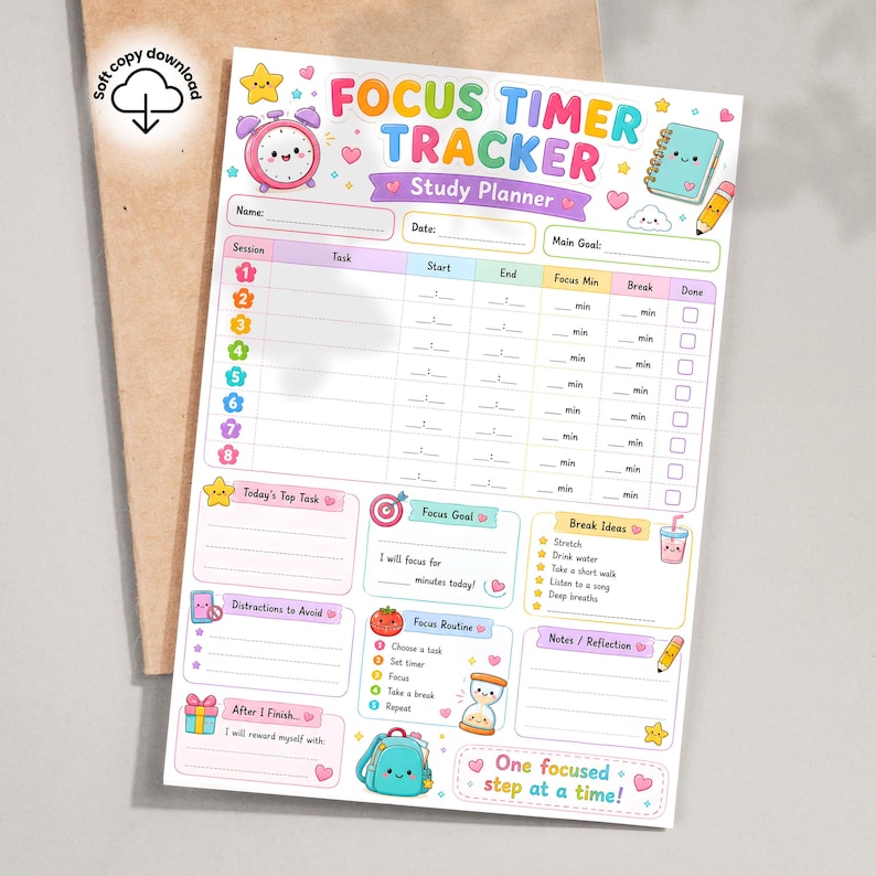 Fokus-Timer, Lernplaner, Produktivitäts-Arbeitsblatt, Aufgaben-Sitzung, Schüler-Organizer (PDF A4, A5) Bild 1