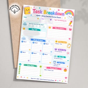 May include: A Task Breakdown ADHD + Autism Executive Function Planner sheet featuring colourful pastel graphics of a rainbow, clouds, stars, and hearts. The form includes sections for task details, step-by-step planning, materials, and reward time.