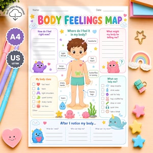 Könnte beinhalten: Ein Body Feelings Map Arbeitsblatt mit einer zentralen Illustration eines Kindes und Beschriftungen für körperliche Empfindungen wie enger Hals, schnelles Herz, verspannte Schultern, Schmetterlinge im Bauch, zittrige Hände, schwere Beine und Tränen.