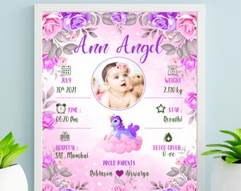 Details geboorte baby lijstsjabloon Canva DIY| Muurkunst met statistieken voor pasgeborenen | Geboortekaartje | ROZE/R