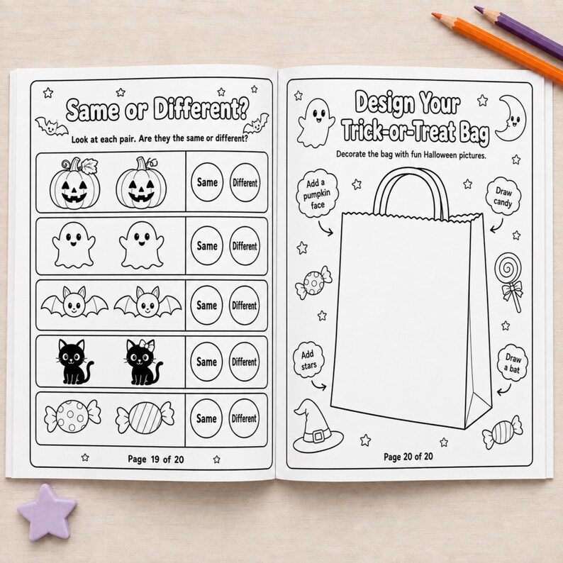 May include: A black and white activity book open to pages 19 and 20. Page 19 features a Same or Different game with Halloween icons like pumpkins, ghosts, bats, cats, and candy. Page 20 shows a Design Your Trick-or-Treat Bag activity with a large bag.