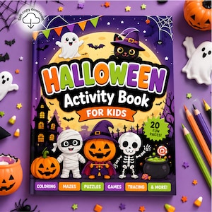 Może przedstawiać: Książka z zadaniami na Halloween dla dzieci z fioletową okładką, dużym żółtym księżycem, czarnym kotem w kapeluszu czarownicy, duchem, mumią, dynią i szkieletem. Tekst na okładce brzmi Halloween Activity Book For Kids 20 Fun Pages.
