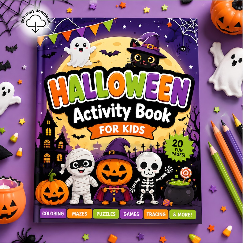 May include: A Halloween activity book for kids featuring a purple cover with a large yellow moon, a black cat in a witch hat, a ghost, a mummy, a pumpkin character, and a skeleton. The text reads Halloween Activity Book For Kids 20 Fun Pages.