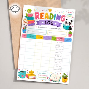 May include: A colourful reading log printable featuring a green turtle and a panda reading books. The header reads READING LOG and Every book is a new adventure! It includes fields for name, grade, and a table with columns for date, title, author, genre, minutes, rating, and notes.