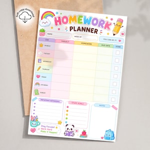 子供向け週間宿題プランナー、かわいい学校スケジュール、学習目標トラッカー（PDF A4、A5）
