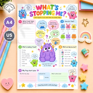 Whats Stopping Me Kids Activity Sheet, Task Initiation Tool, Tiny Step Plan (Digital Download)